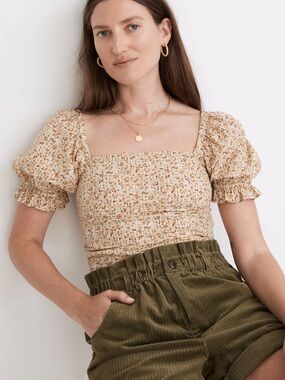Madewell Hopewell Puff-Sleeve Crop Top in Cottage Garden Floral